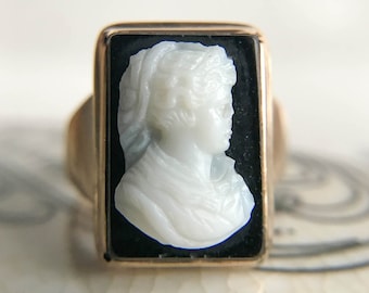 Antique Victorian 10k Rose Gold Carved Onyx Lady Profile Cameo Ring | Size 8.5