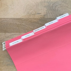 May include: Pink file folders with white labels. The labels read "Activities", "Awards", "Birthday Cards", "Sports", and "Swimming".