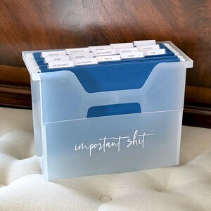 May include: A translucent plastic file box with the white text "important shit" printed on the front. The box contains multiple blue hanging file folders with white plastic tabs labelled with various categories including taxes, receipts, and health.