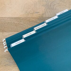 May include: A set of five teal hanging file folders with clear plastic tabs. Each tab contains a white label with black text reading BANKING, COLLEGE, DRIVERS LICENSE, PAYSTUBS, and SPORTS. The folders feature white plastic hooks for suspension.