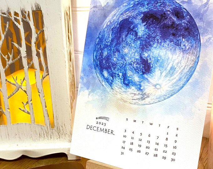Full Moon Desk Calendar 2023 Watercolor Calendar With Stand Colorful Original Art Colorful Moons