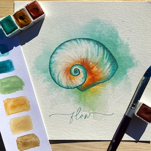 Hand Embellished Flow Spiral Seashell Print | Original Watercolor Print Hand Finished