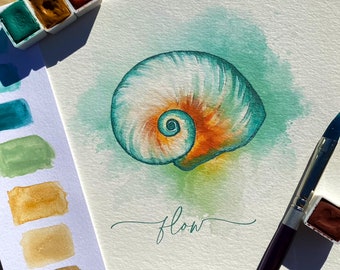 Hand Embellished Flow Spiral Seashell Print | Original Watercolor Print Hand Finished