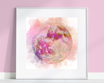 Pink Moon Watercolor Print | April Full Moon | Spring Season Gift | Night Sky | Spring Baby | Nursery Wall Art | Pastel Aesthetic | Wedding