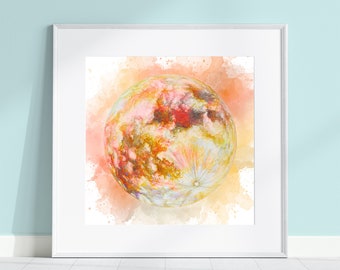 Flower Moon Watercolor Print | May Full Moon | Spring Season Gift | Night Sky | Spring Baby | Nursery Wall Art | Pastel Aesthetic | Wedding