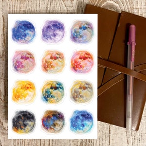 Adesivos de diário da lua cheia | Arte colorida original em aquarela | Lua cheia colorida | Nomes de lua cheia | Diário da lua | Adesivos de calendário lunar