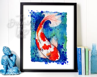 オリジナル水彩画「鯉の絵」- 禅風水インテリア - Etsy 日本