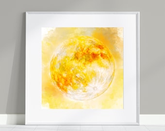 Buck Moon Watercolor Print | July Full Moon | Night Sky | Summer Baby Gift | Nursery Wall Art | Midsummer Wedding | Yellow Gold Aesthetic