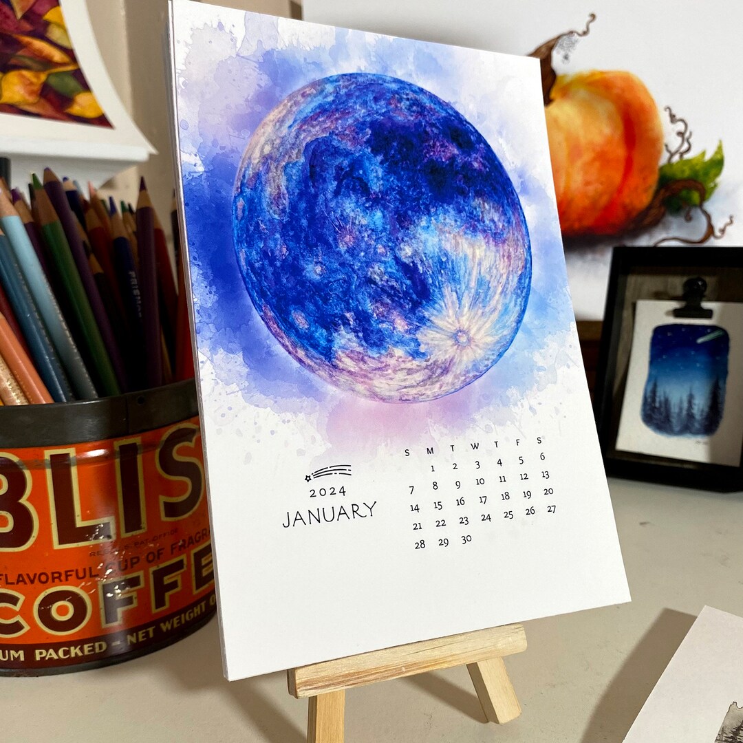 Full Moon Desk Calendar 2024 Watercolor Calendar With Stand Etsy