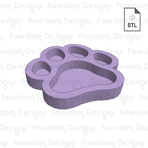 Puede incluir: Una huella de pata de animal impresa en 3D de color morado con cinco hendiduras. La huella de pata está diseñada para ser un plato o bandeja.
