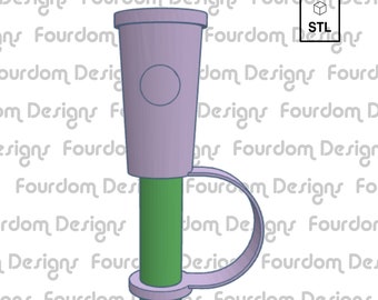 Può includere: Immagine renderizzata in 3D di una cannuccia riutilizzabile con una parte superiore color lavanda e una cannuccia verde. La parte superiore ha un design circolare. La cannuccia ha un anello per un facile trasporto. L'immagine include anche un'icona di file STL.