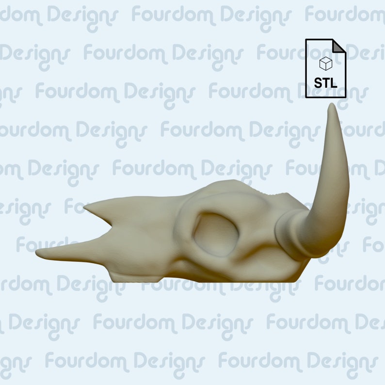 K&ouml;nnte beinhalten: Ein 3D-gedrucktes Modell eines Bullensch&auml;dels mit einem einzigen Horn. Das Modell ist in hellgrau gedruckt und soll als Dekorationsobjekt verwendet werden.
