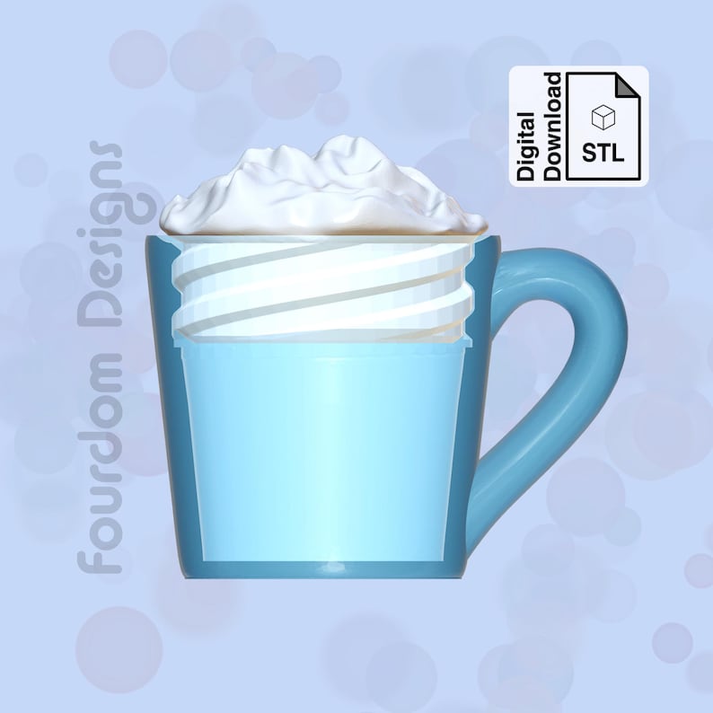 K&ouml;nnte beinhalten: Eine blaue Keramiktasse mit einem wei&szlig;en Schlagsahne-Topping. Die Tasse ist so gestaltet, dass sie wie eine Tasse Kaffee mit Schlagsahne aussieht. Digitaler Download STL.