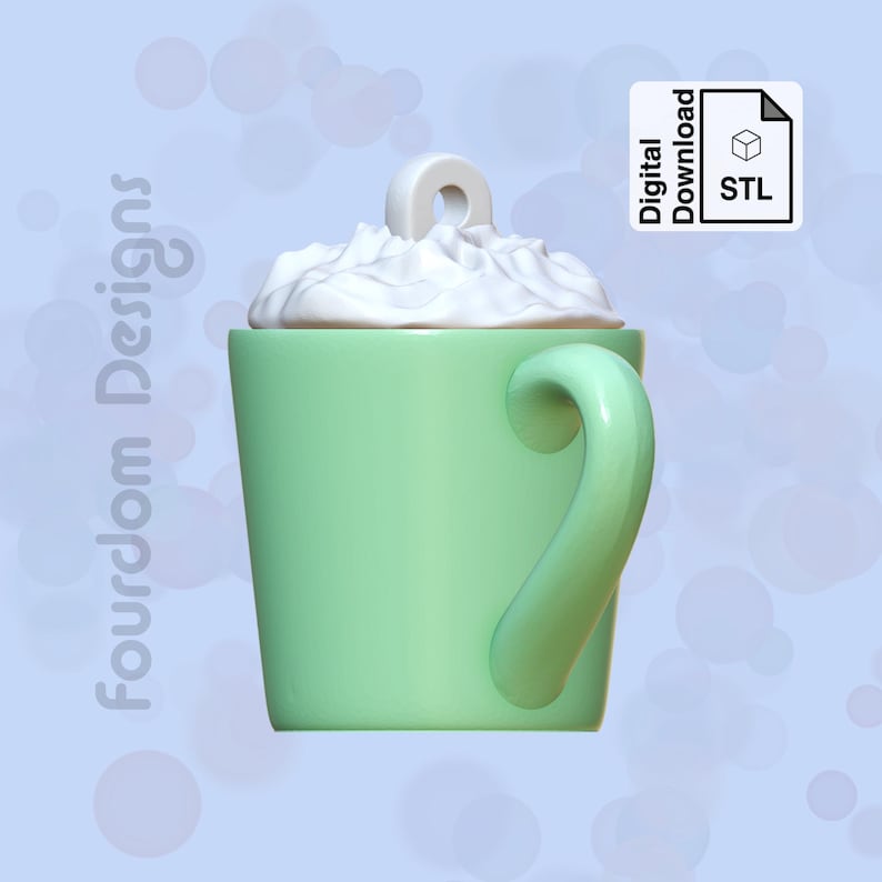 K&ouml;nnte beinhalten: Ein 3D-druckbares Modell einer gr&uuml;nen Tasse mit einem wei&szlig;en Schlagsahne-Topping. Die Tasse hat einen Henkel und eine kleine Schlaufe oben zum Aufh&auml;ngen. Das Modell ist als STL-Datei zum digitalen Download verf&uuml;gbar.