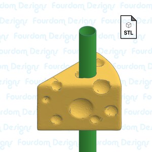 May include: A yellow cheese wedge with several holes, pierced by a green straw. The image includes an "STL" file icon in the upper right corner. The background features a watermark of the text "Fourdom Designs".