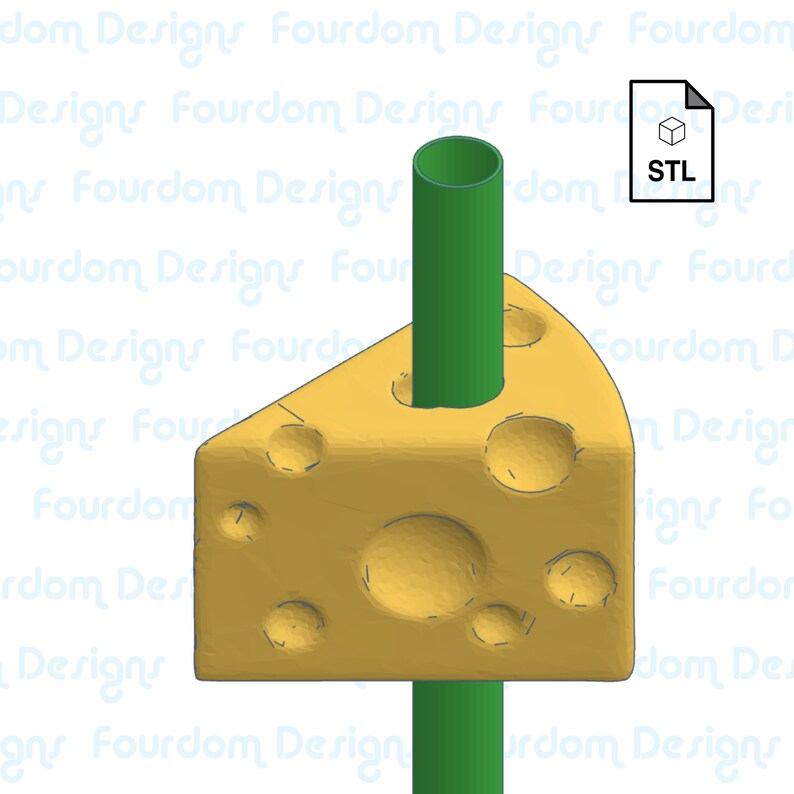 May include: A yellow cheese wedge with several holes, pierced by a green straw. The image includes an "STL" file icon in the upper right corner. The background features a watermark of the text "Fourdom Designs".
