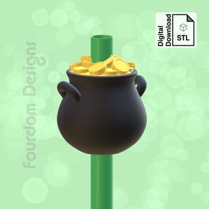 May include: A black pot filled with gold coins sits on top of a green pole. The pot has two handles and is overflowing with coins. The pole is attached to a green base. The image is a 3D rendering of a pot of gold.