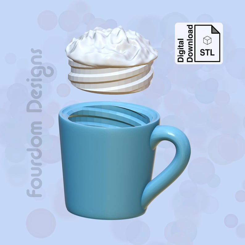 K&ouml;nnte beinhalten: Eine 3D-druckbare STL-Datei f&uuml;r eine blaue Kaffeetasse mit einem wei&szlig;en Schlagsahne-Deckel. Der Deckel ist so konzipiert, dass er perfekt auf die Tasse passt.