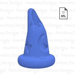 May include: A blue wizard's hat featuring star and crescent moon cutouts. The hat has a rounded base and a tall, pointed crown. An STL file icon is present, indicating a 3D model.