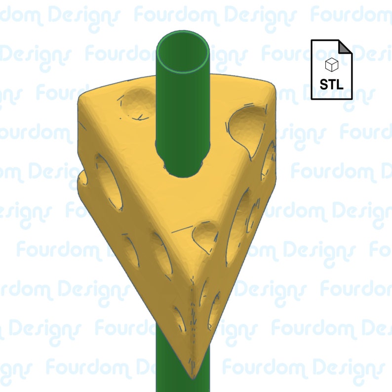 May include: A 3D-rendered image of a yellow cheese wedge with several holes, and a green cylindrical rod inserted through it. The image also includes a white icon with the text "STL". The background features a repeating pattern of the text "Fourdom Designs".