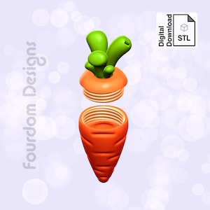 Puede incluir: Un modelo 3D imprimible de una zanahoria con una parte superior extraíble. La zanahoria es naranja y la parte superior es verde. El modelo está disponible para descarga digital como archivo STL.