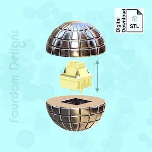 以下が含まれることがあります： グリッド状のパターンを持つ金属製の球体の分解図。オブジェクトは3つの部分に分かれており、中央に黄色の長方形のコンポーネントがあります。画像には「Digital Download STL」というテキストが含まれています。