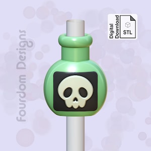 May include: A green glass bottle with a skull and crossbones design. The bottle is a 3D printed model and is available for digital download as an STL file.