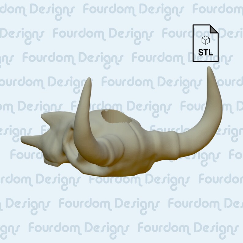 K&ouml;nnte beinhalten: Ein 3D-gedrucktes Modell eines Bullensch&auml;dels mit einem Loch oben. Der Sch&auml;del ist beige und hat eine glatte Oberfl&auml;che. Das Modell ist im STL-Format zum Download verf&uuml;gbar.