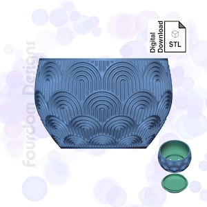 May include: A blue 3D printed planter with a geometric pattern. The planter is shaped like a bowl with a wide rim and a rounded bottom. The pattern is made up of repeating arcs that create a wave-like effect. The planter is shown in two views, one from the top and one from the side.