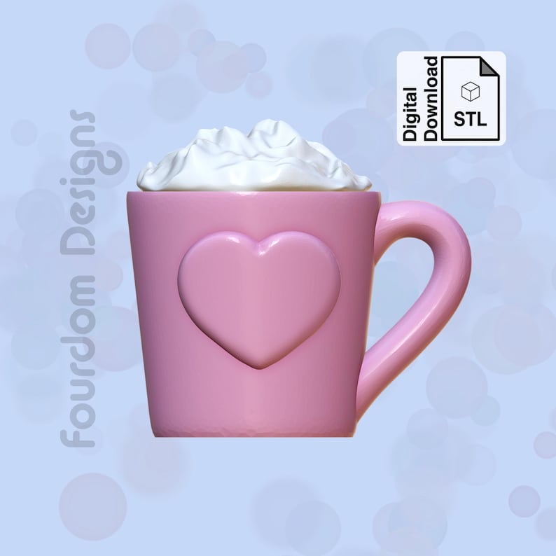 K&ouml;nnte beinhalten: Eine rosa Keramiktasse mit einem Herzdesign und einer wei&szlig;en Schlagsahne-Topping. Die Tasse ist ein 3D-druckbares Modell.