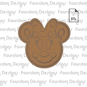 May include: A brown 3D printed cookie cutter in the shape of a cartoon mouse with a bow. The mouse has large ears, a small nose, and a big smile.