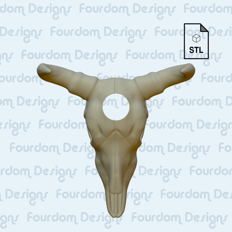 K&ouml;nnte beinhalten: Ein 3D-gedrucktes Modell eines Kuhsch&auml;dels mit einem Loch in der Mitte. Das Modell ist beige und hat eine strukturierte Oberfl&auml;che. STL-Datei.