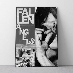 May include: Monochrome framed print featuring the words "FALLEN ANGELS". The artwork is a collage, incorporating a close-up of a person's face and hand, alongside other smaller images. The style is reminiscent of vintage art.