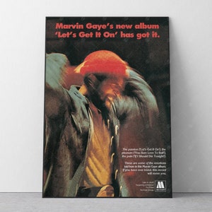 May include: An album cover for Marvin Gaye's "Let's Get It On." The image has a blurred artistic style, with a person wearing a red hat and dark clothing. The album title is in red, with the text "Let's Get It On" in quotation marks.