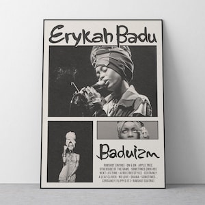 May include: Monochrome poster of Erykah Badu, with her name at the top and the album title "Baduizm" below. The poster includes a tracklist and three smaller images of the artist. The poster is in a black frame.