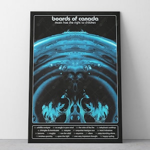 May include: A framed poster featuring the text "boards of canada" and "music has the right to children." The artwork has a blue and black abstract design. Below the artwork are song titles. The poster is displayed on a white wall.
