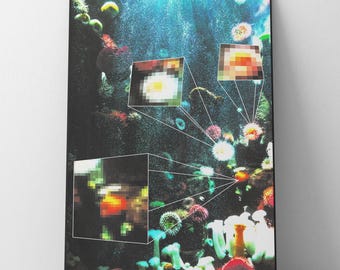May include: A framed art print featuring an underwater scene with colorful coral and marine life. The artwork has a dark, moody aesthetic with pixelated details and geometric lines overlaying the image, creating a unique visual effect.