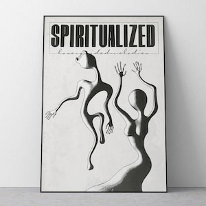Può includere: Stampa artistica con cornice nera con un'illustrazione astratta in bianco e nero di due figure con le braccia alzate. La stampa presenta il testo "SPIRITUALIZED" sopra "laser guided melodies". L'opera è esposta su uno sfondo neutro.