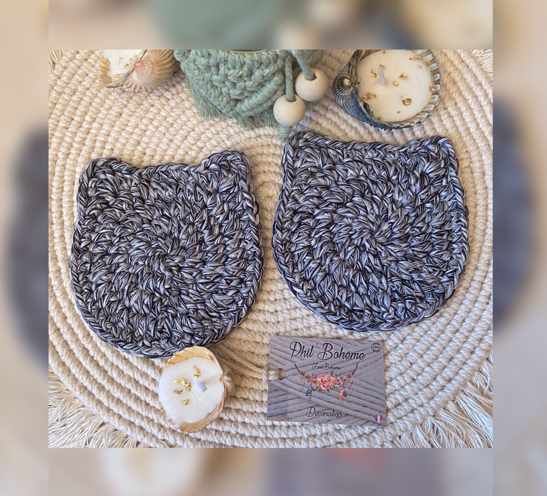 Sous Verres Chat Bohème Lot de Deux Dessous Verre Crochet 100% Coton