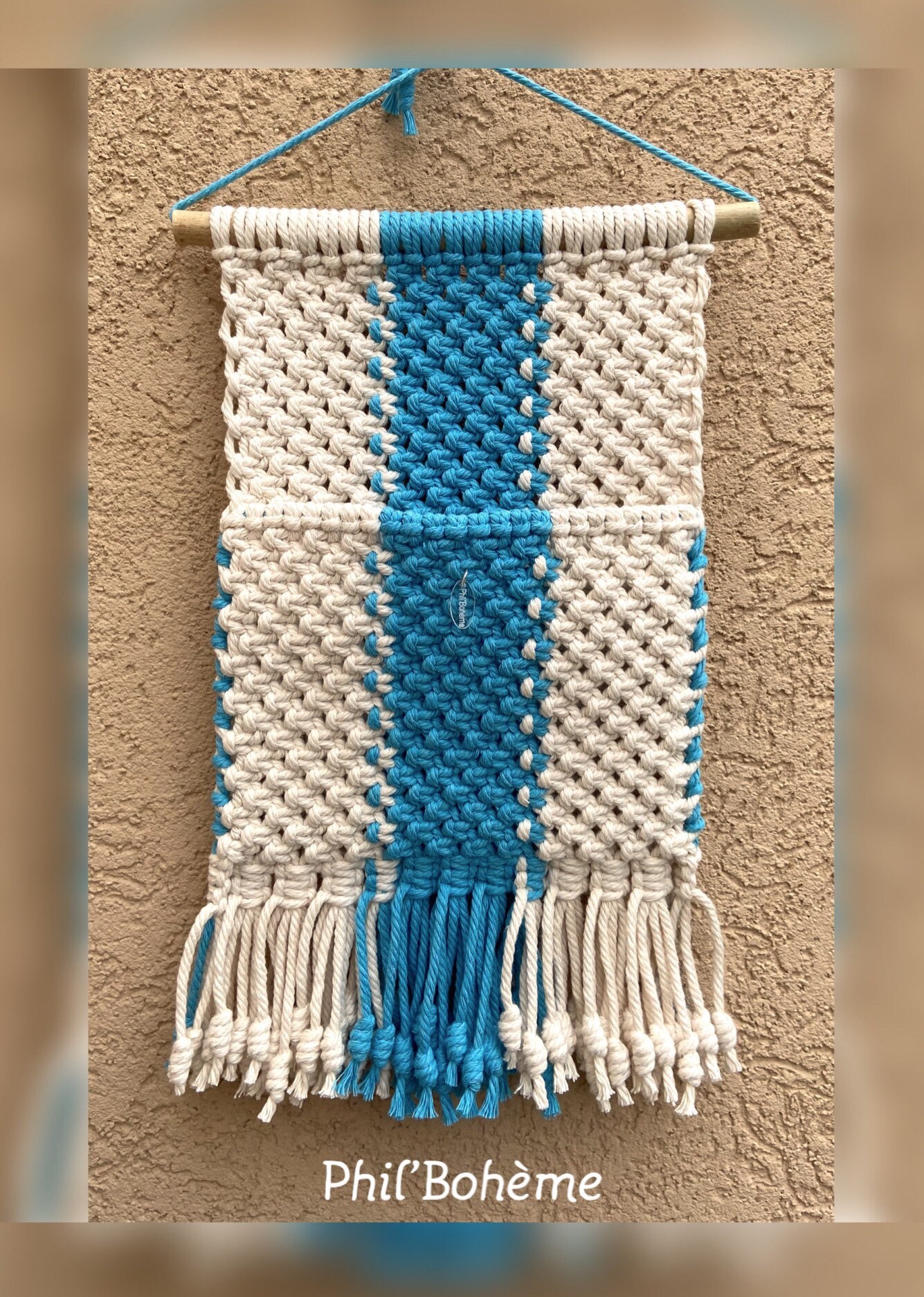 Pochette Murale Macrame Décoration Bohème Coton Oeko Tex Bambou Écru Bleu