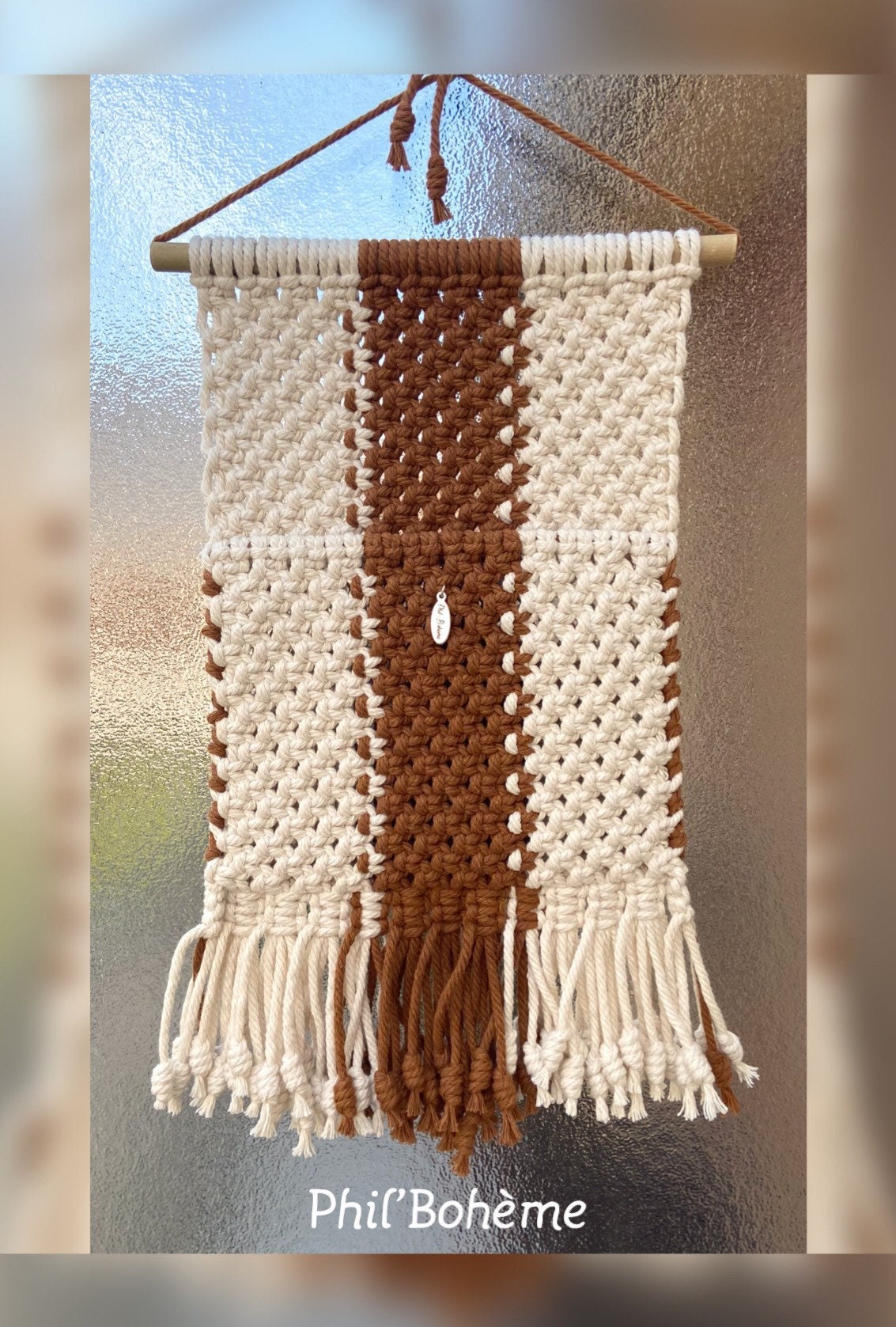 Pochette Murale Décoration Bohème Macramé Coton Oeko Tex Bambou Écru Caramel