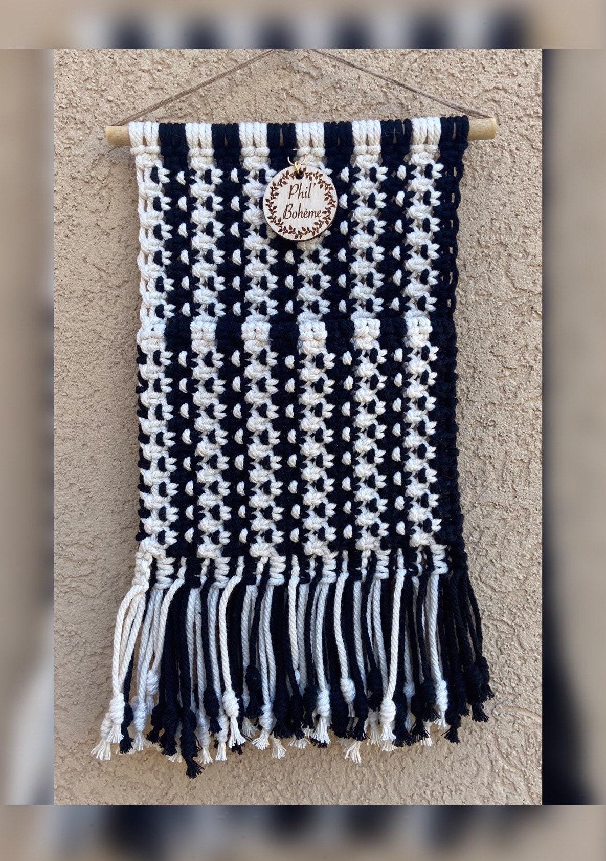 Pochette Murale Macrame Bohème Coton Oeko Tex Bambou Noir et Écru