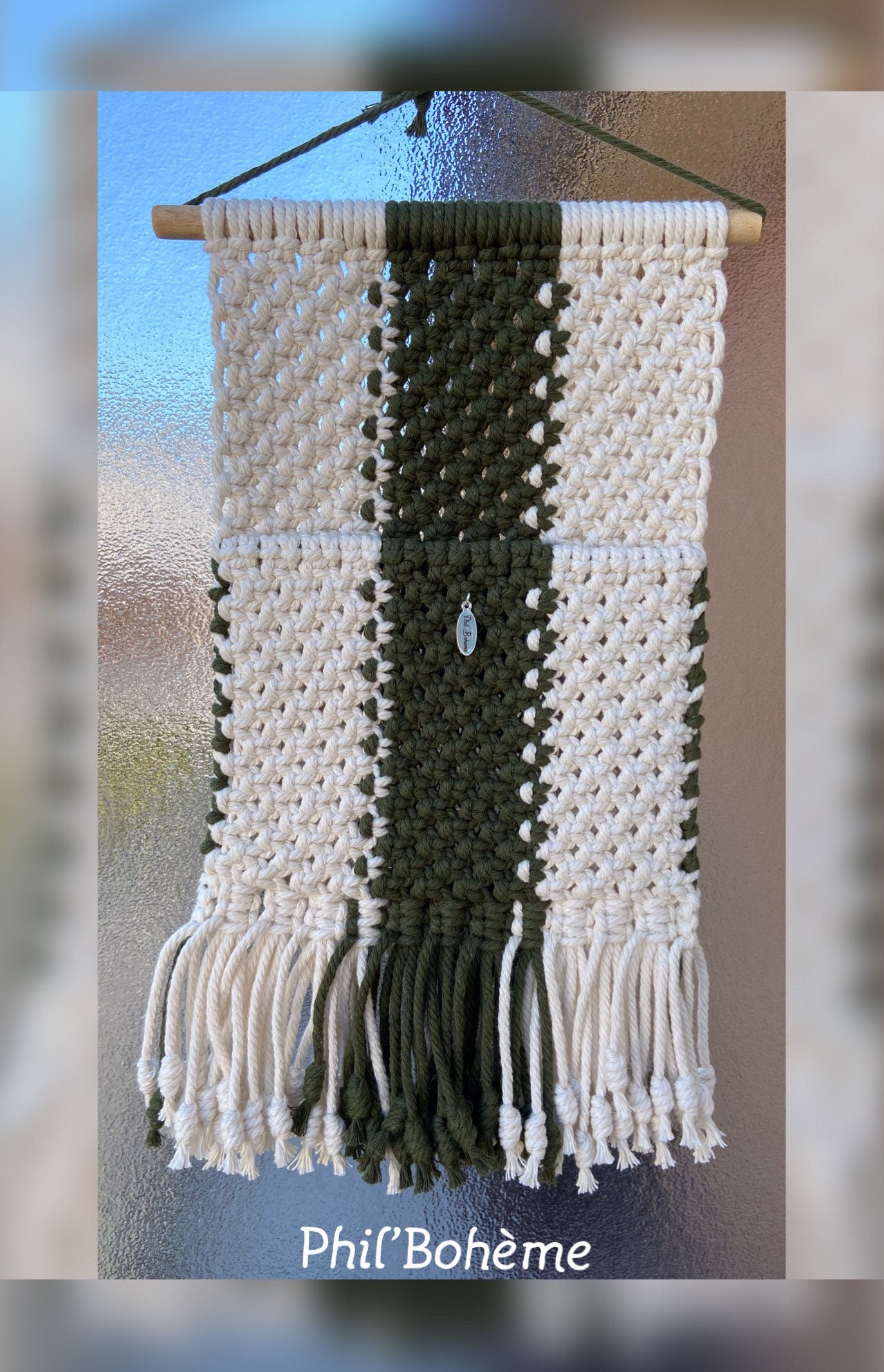 Pochette Murale Bohème Macramé Coton Oeko Tex Bambou Écru Kaki