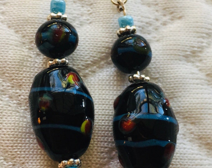 Black Lampworks wtri-Colored beaded dangle earrings with blue seed beads