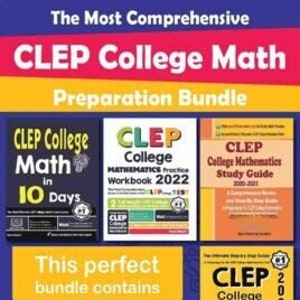 Op de afbeelding: Een bundel van vier CLEP College Math voorbereidingsboeken. De boeken zijn getiteld "CLEP College Math in 10 Days", "CLEP College Mathematics Practice Workbook 2022", "CLEP College Mathematics Study Guide", en "CLEP College Math for Beginners".