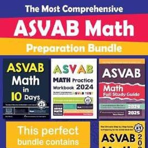 Può includere: Un set di quattro libri di preparazione per la matematica ASVAB. I libri sono intitolati "ASVAB Math in 10 Days", "ASVAB Math Practice Workbook 2024", "ASVAB Math Full Study Guide 2024-2025", e "ASVAB Math for Beginners 2024".