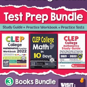 Op de afbeelding: Een bundel van drie boeken om je voor te bereiden op het CLEP College Math examen. De boeken zijn getiteld "CLEP College Mathematics Practice Workbook 2022", "CLEP College Math in 10 Days" en "CLEP College Mathematics Study Guide 2021-2022".
