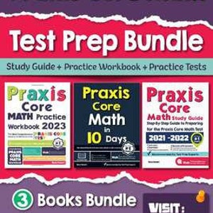 May include: A bundle of three Praxis Core Math test preparation books. The books are red with white text and include titles such as "Praxis Core Math in 10 Days" and "Praxis Core Math Practice Workbook 2023".