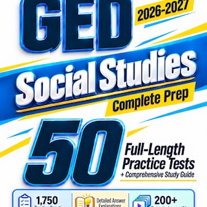 May include: A GED 2026-2027 Social Studies Complete Prep book cover featuring bold blue text, yellow accents, and the number 50. It highlights 1,750 practice questions, detailed answer explanations, and 200+ flashcards, lessons, and videos by Reza Nazari.