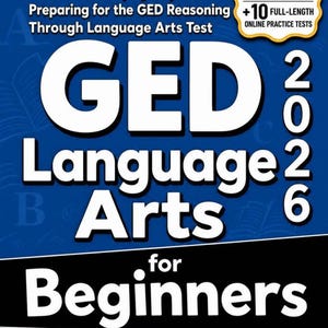 Op de afbeelding: Een blauwe boekomslag met de titel The Ultimate Step-by-Step Guide to Preparing for the GED Reasoning Through Language Arts Test 2026 for Beginners door Reza Nazari. Een geel label vermeldt 2 volledige tests in het boek en 10 online.
